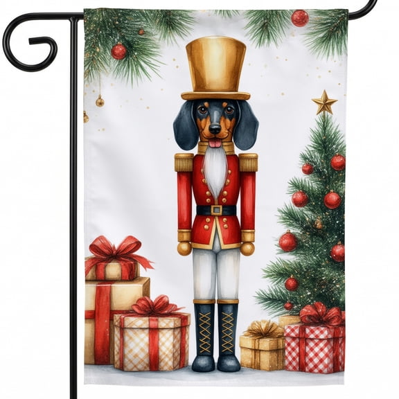 Christmas Yard Flag for Outside,A dachshund dog dressed as a nutcracker stands in front of a Christmas tree,28x40 Inch,Cute Flag,Decoration Christmas
