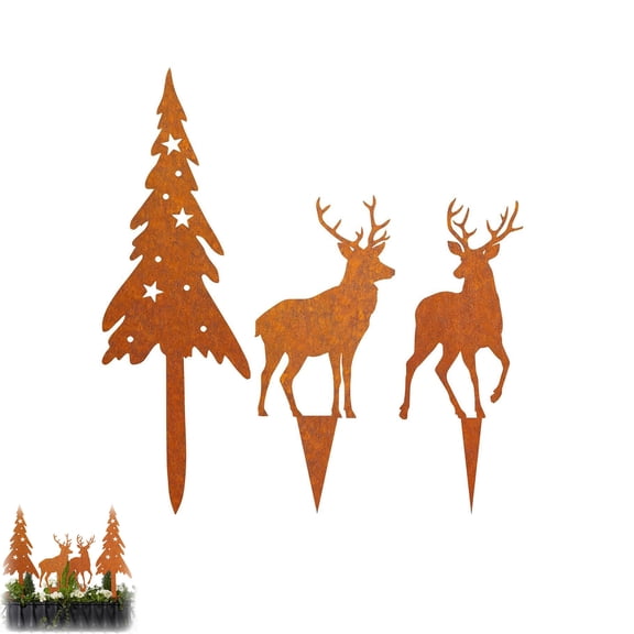 Christmas Yard Stakes Metal Reindeer Tree Vintage Ornaments, 3-Piece Garden Signs Lawn Decorations for Backyard Patio Lawn Driveway Fence Porch Landscape Flower Bed