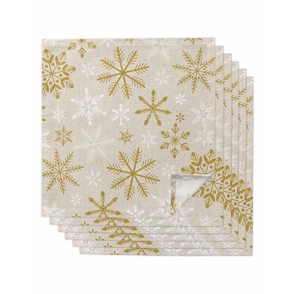 Christmas Yellow Snowflake Cloth Napkins Set of 6 Reusable Dinner Napkins, Winter Xmas Retro Beige Cocktail Napkin Washable Table Napkins for Wedding/Holiday Party/Baby Shower 20"x20"