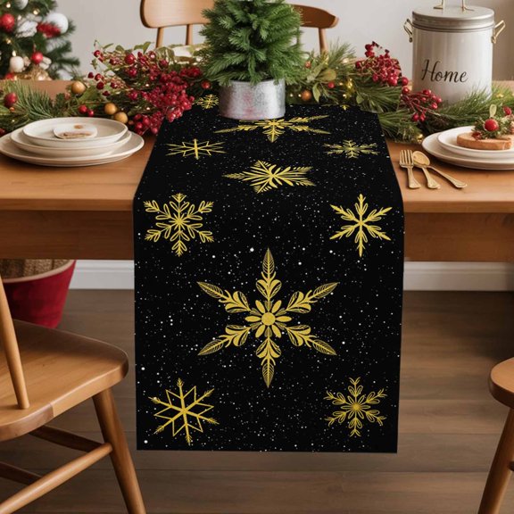 Christmas Yellow Snowflakes on Black Table Runner 13x90in Non-Slip Cotton Linen Table Runners, Winter Snow Scene Dresser Scarves TableRunner for Dinner Kitchen Dining Wedding Party