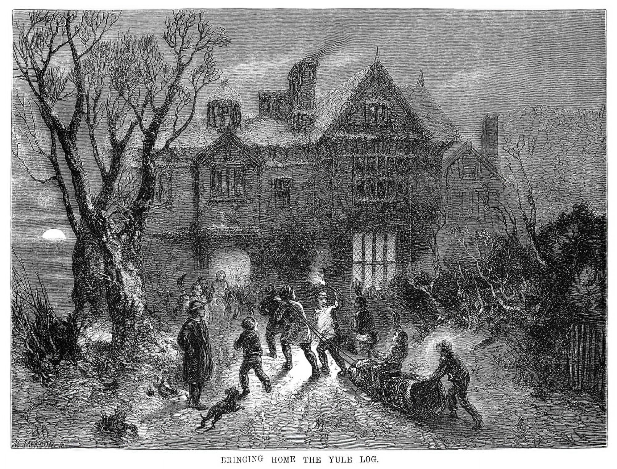 Christmas Yule Log. /N'Bringing Home The Yule Log.' Wood Engraving
