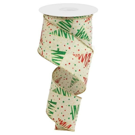 Christmas Zig Zag Trees Canvas Wired Edge Ribbon - Ivory Red Emerald Green Gold 2.5 Inches x 10 Yards