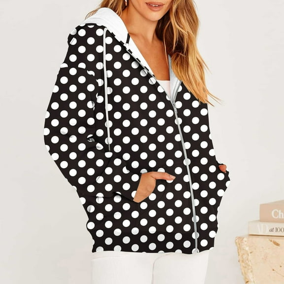 Christmas Zip up Hoodies Sweatshirts for Women 2024 Fall Oversized Long Sleeve Hooded Drawstring Sweatshirts Pockets Retro Dot Print Jacket Coat for Women Winter Jackets for Women 2024