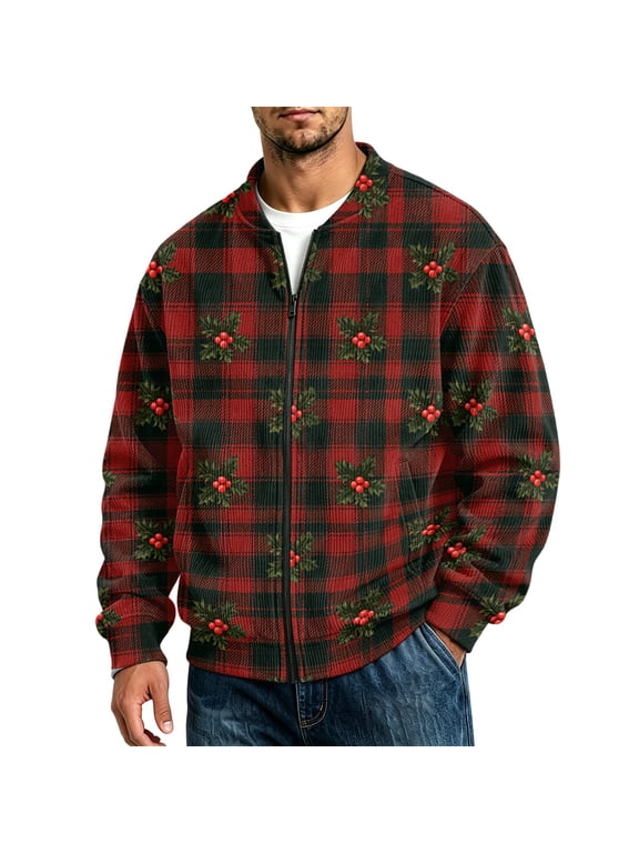 Christmas Zip Up Jacket for Men Long Sleeve Funny Graphic Christmas Jackets Funny Relaxed Fit Full Zip Sweater Jacket for Christmas Holiday Party Coats