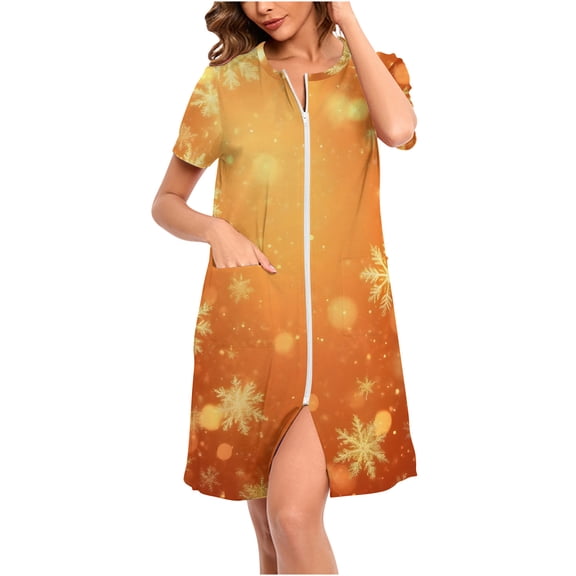 Christmas Zip Robe for Women Short Sleeve Fleece Nightgown Xmas Tree Print Warm Cozy Sleepwear Holiday Loungewear