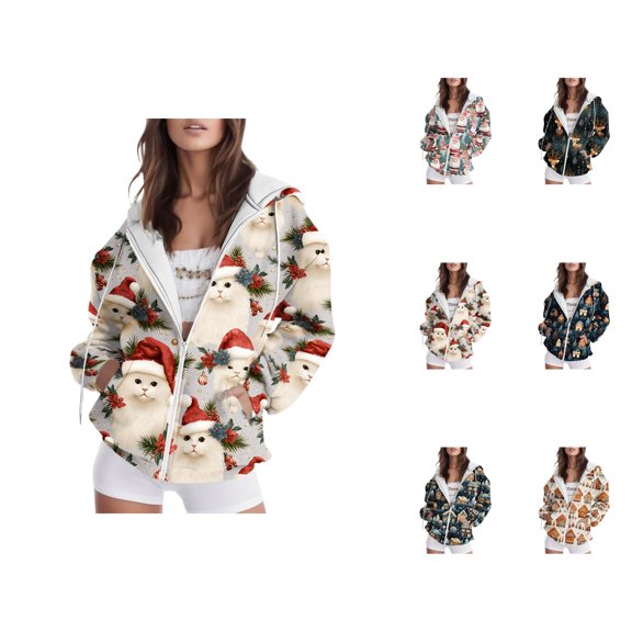 Christmas Zip Up Hoodies for Women 2025 Long Sleeve Xmas Santa Graphic Hooded Sweatshirt with Pockets Jacket Coat