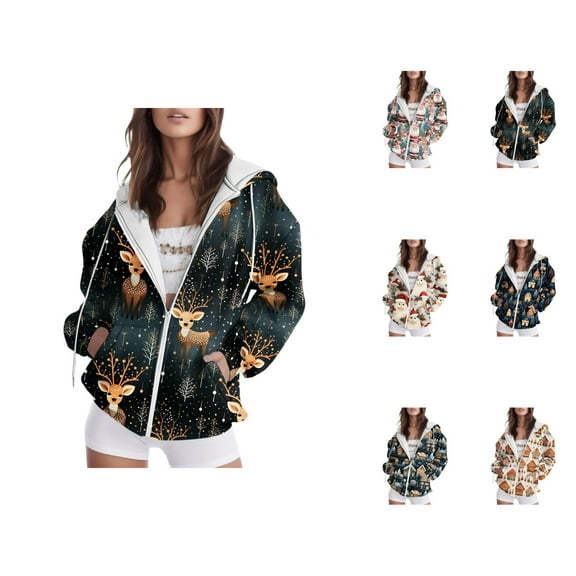 Christmas Zip Up Hoodies for Women 2025 Long Sleeve Xmas Santa Graphic Hooded Sweatshirt with Pockets Jacket Coat