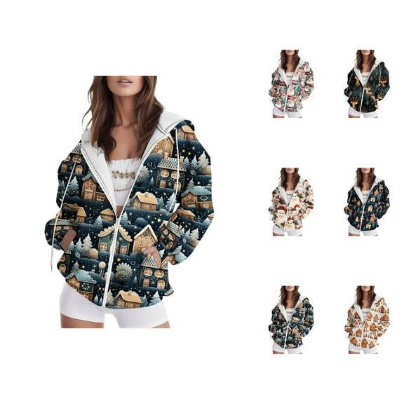 Christmas Zip Up Hoodies for Women 2025 Long Sleeve Xmas Santa Graphic Hooded Sweatshirt with Pockets Jacket Coat