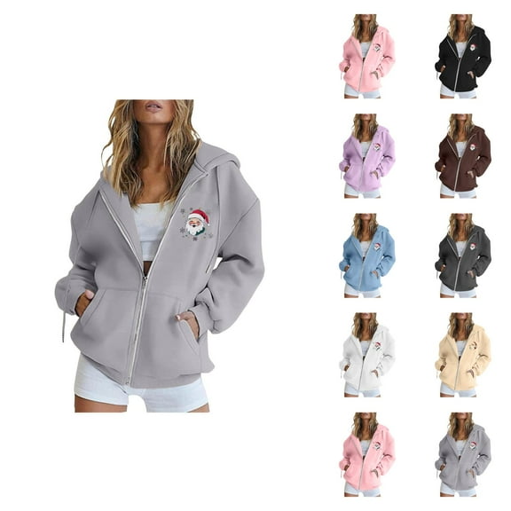 Christmas Zip Up Hoodies for Women Long Sleeve Xmas Santa Graphic Hooded Sweatshirt with Pockets Jacket Coat Outerwear