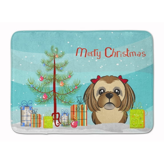 Christmas and Chocolate Brown Shih Tzu Machine Washable Memory Foam Mat