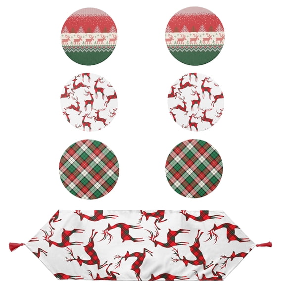 Christmas and Holiday Round Placemat and Table Runner 7-Piece Set Holiday Dining Decor