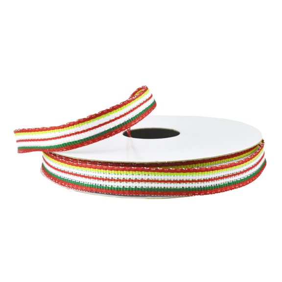 Christmas and Iridescent Horizontal Stripes Wired Ribbon, 3/8-Inch, 10-Yard - Red/White
