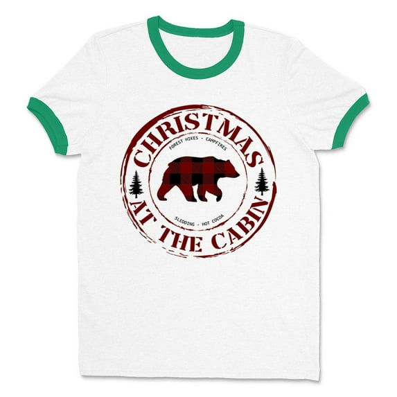 Christmas at the Cabin Ringer Tee Shirt Unisex Medium White/Kelly Green