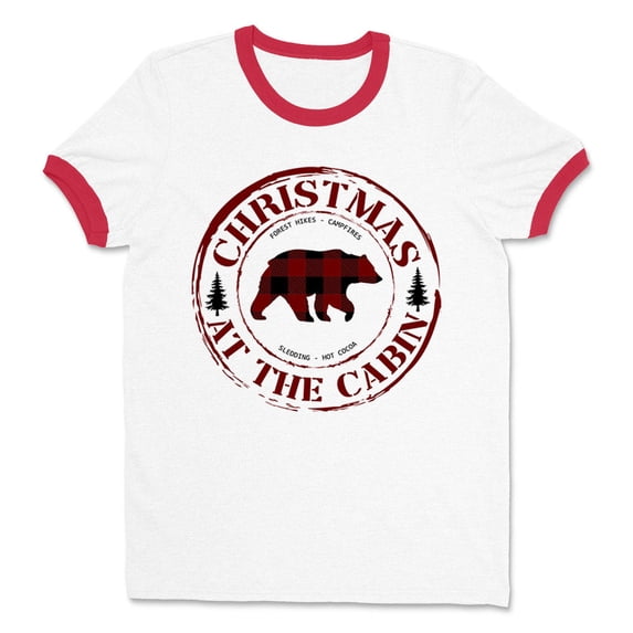 Christmas at the Cabin Ringer Tee Shirt Unisex X-Large White/Red