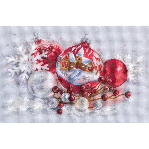 Wizardi Counted Cross Stitch Kit "Christmas Balls" M921 Red Ornaments with Gingerbread House, 14ct Grey-Blue Zweigart Aida DMC 30 Colors Floss, Needle, Chart, 11.42x7.48" Kit for Adult RTO