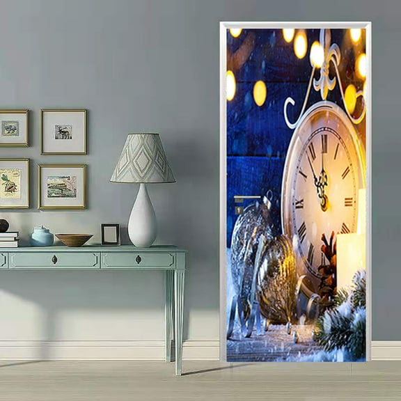 Christmas balls and clock Door Sticker Festive Holiday Decoration for Home Entrance, Winter Wonderland Christmas Decor Holiday Party Supplies,S(38.5x200cmx2Pcs)