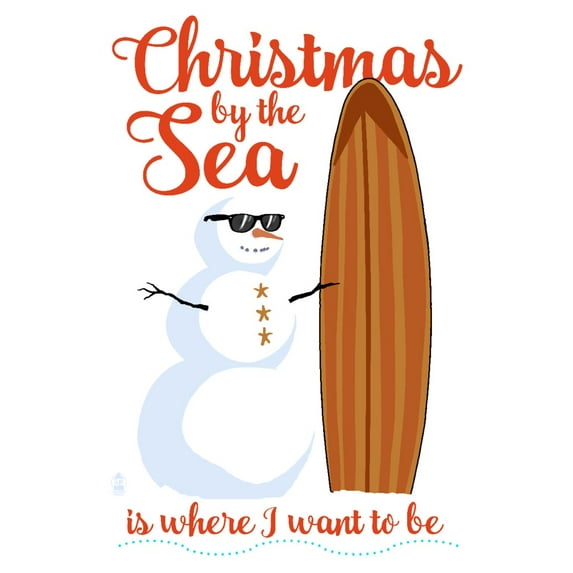 Christmas by the sea is where I want to be, Snowman and Surfboard (9x12 Wall Art Print, Home Decor)