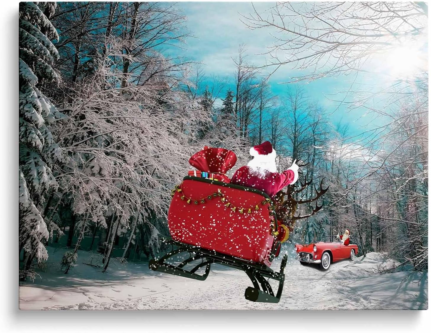 Christmas canvas wall art decor, Santa Claus on Sleigh with Gifts and Red Car in Snowy Forest, Festive Canvas Print for Living Room or Office, Holiday Home Decor for a Joyful Atmosphere 24X30inch