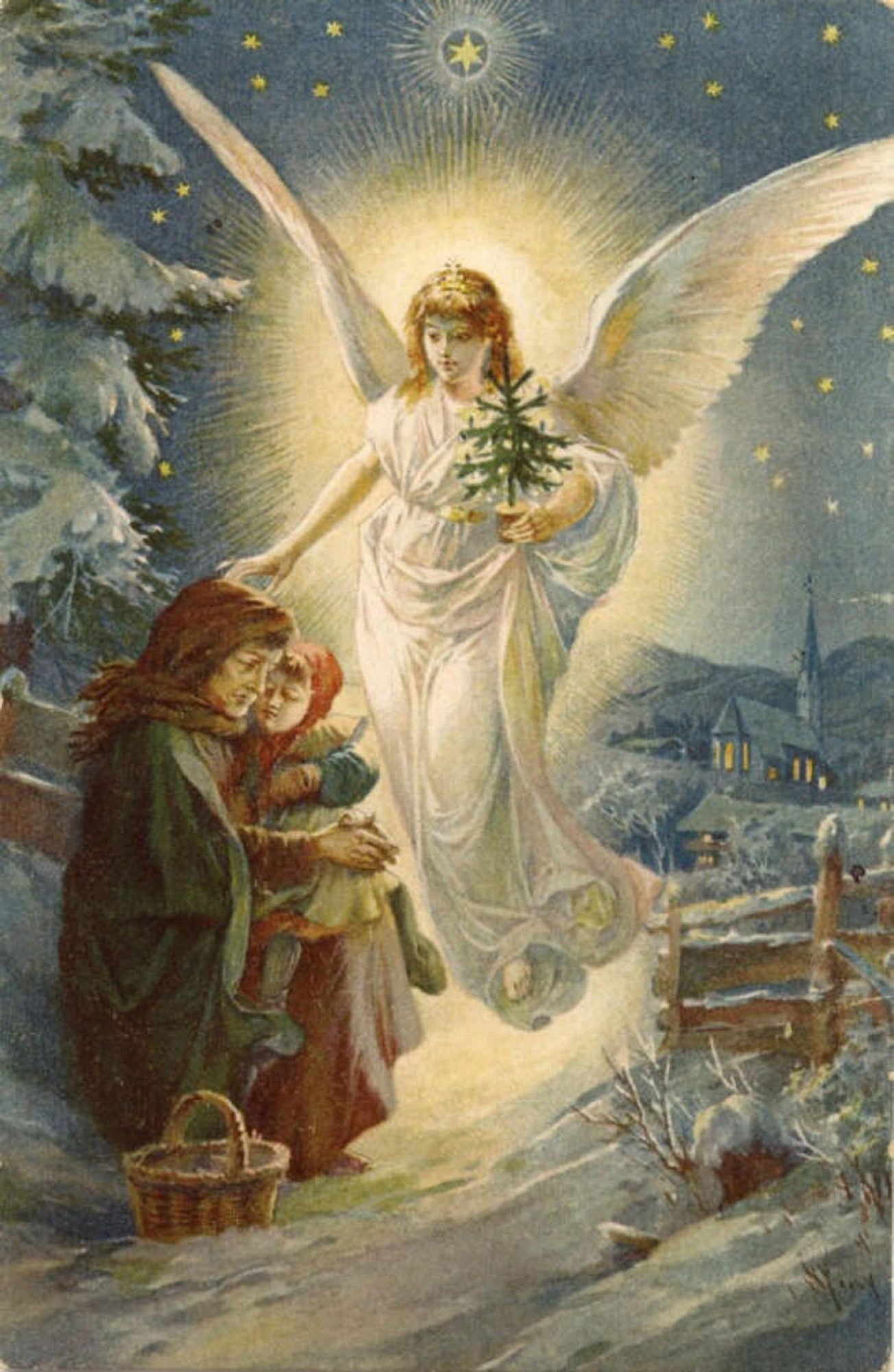 Christmas card Angel with Christmas tree (unknown artist) Canvas Art -  (24 x 36)