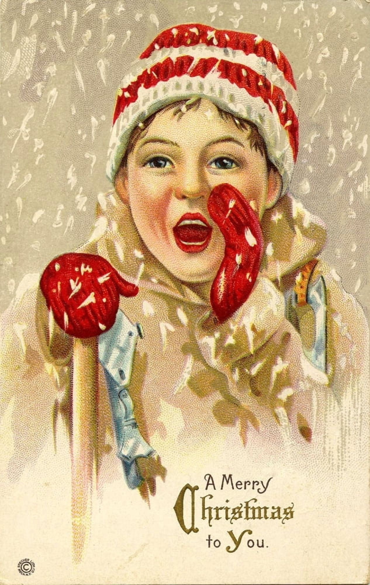 Christmas card Boy in Snow (unknown artist) Canvas Art - (24 x 36)