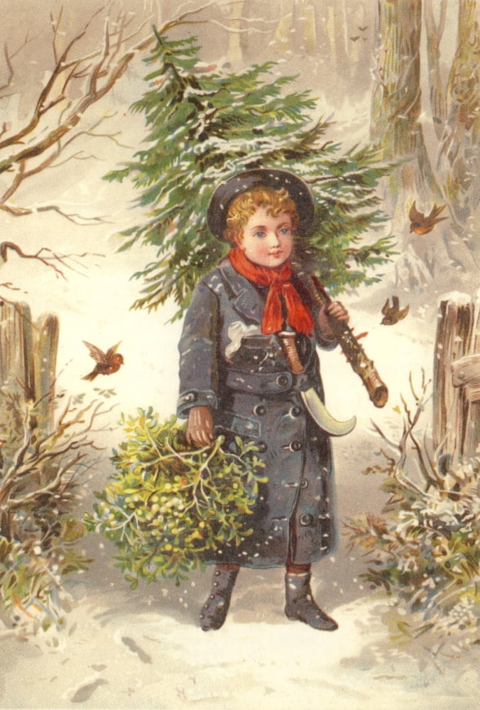 Christmas card Child with Christmas Tree & Mistletoe (unknown artist) Canvas Art - (24 x 36)