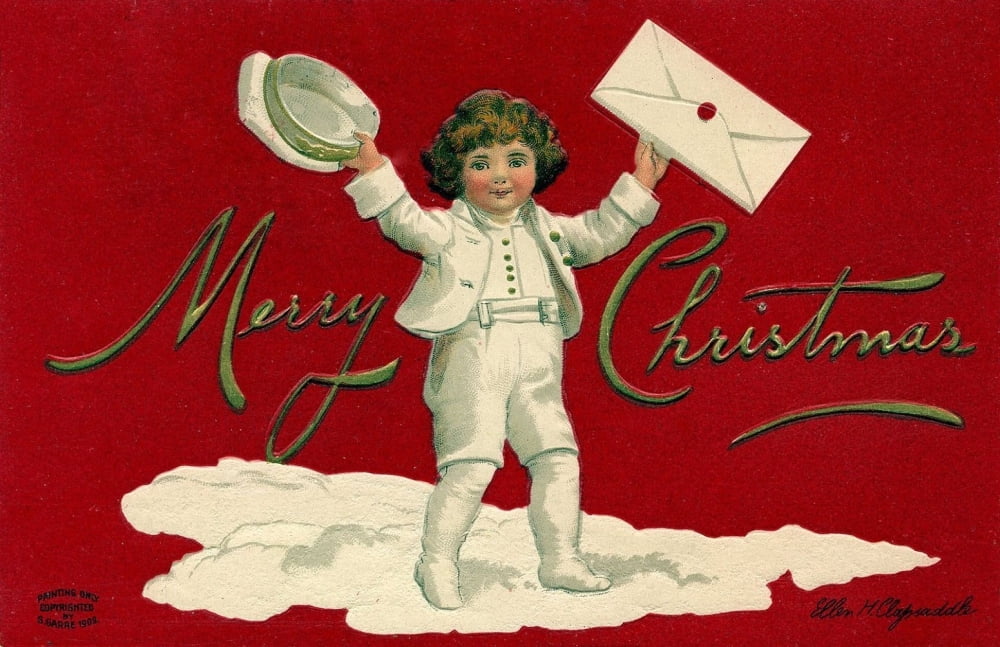 Christmas card Child with Christmas card Canvas Art - Ellen Clapsaddle (18 x 24)