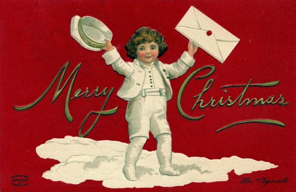 Christmas card Child with Christmas card Canvas Art - Ellen Clapsaddle (24 x 36)