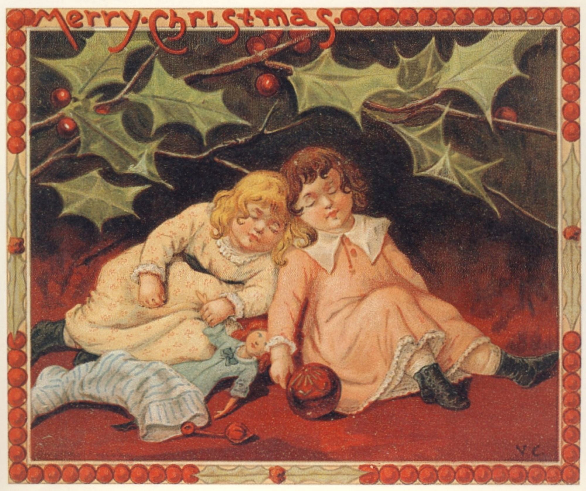 Christmas card Children asleep under Holly (unknown artist) Canvas Art - (18 x 24)