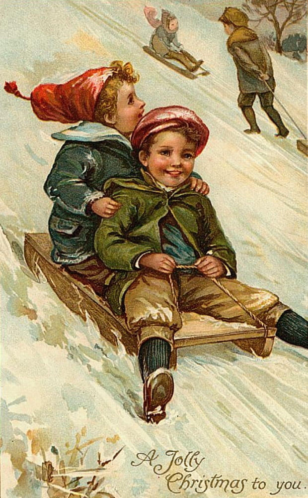 Christmas card Children on Sleigh (unknown artist) Canvas Art -  (24 x 36)