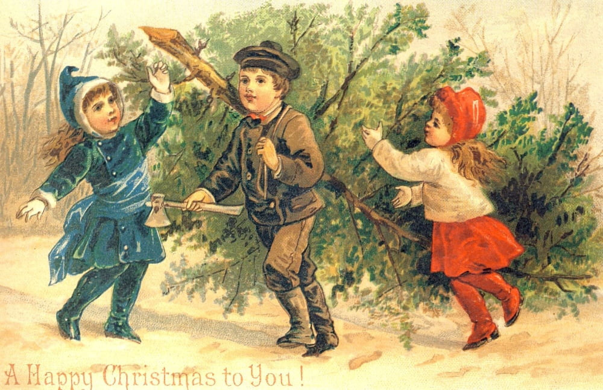 Christmas card Children with Christmas Tree (unknown artist) Canvas Art - (18 x 24)