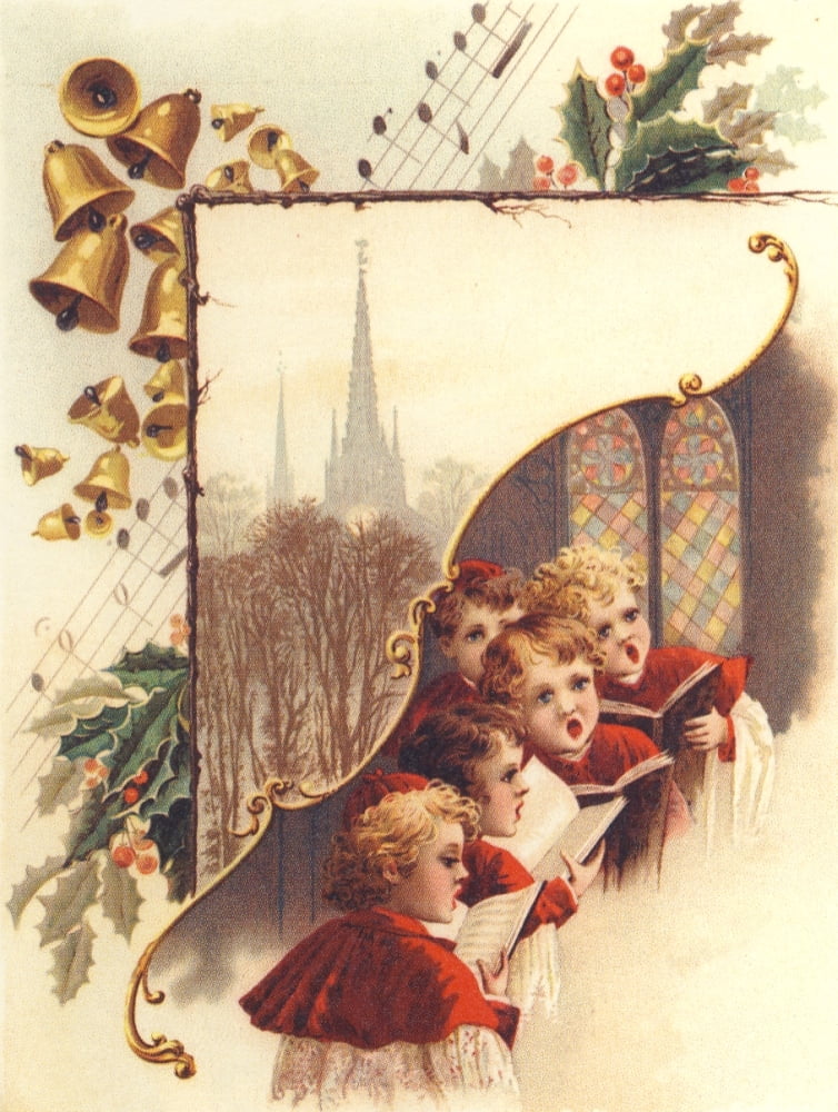 Christmas card Choir Boys & Church (unknown artist) Canvas Art - (24 x 36)