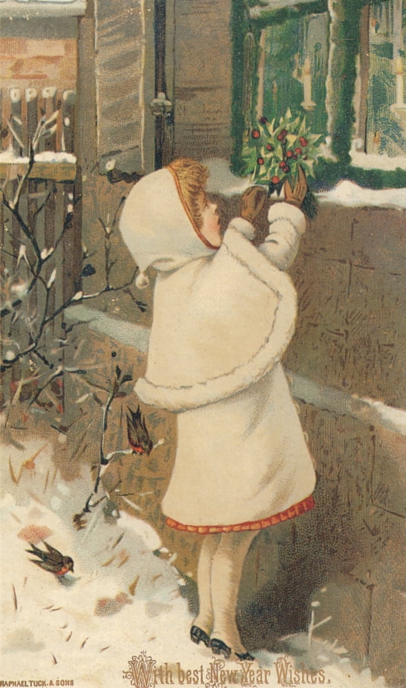 Christmas card Girl at Window with Holly (unknown artist) Canvas Art - (18 x 24)