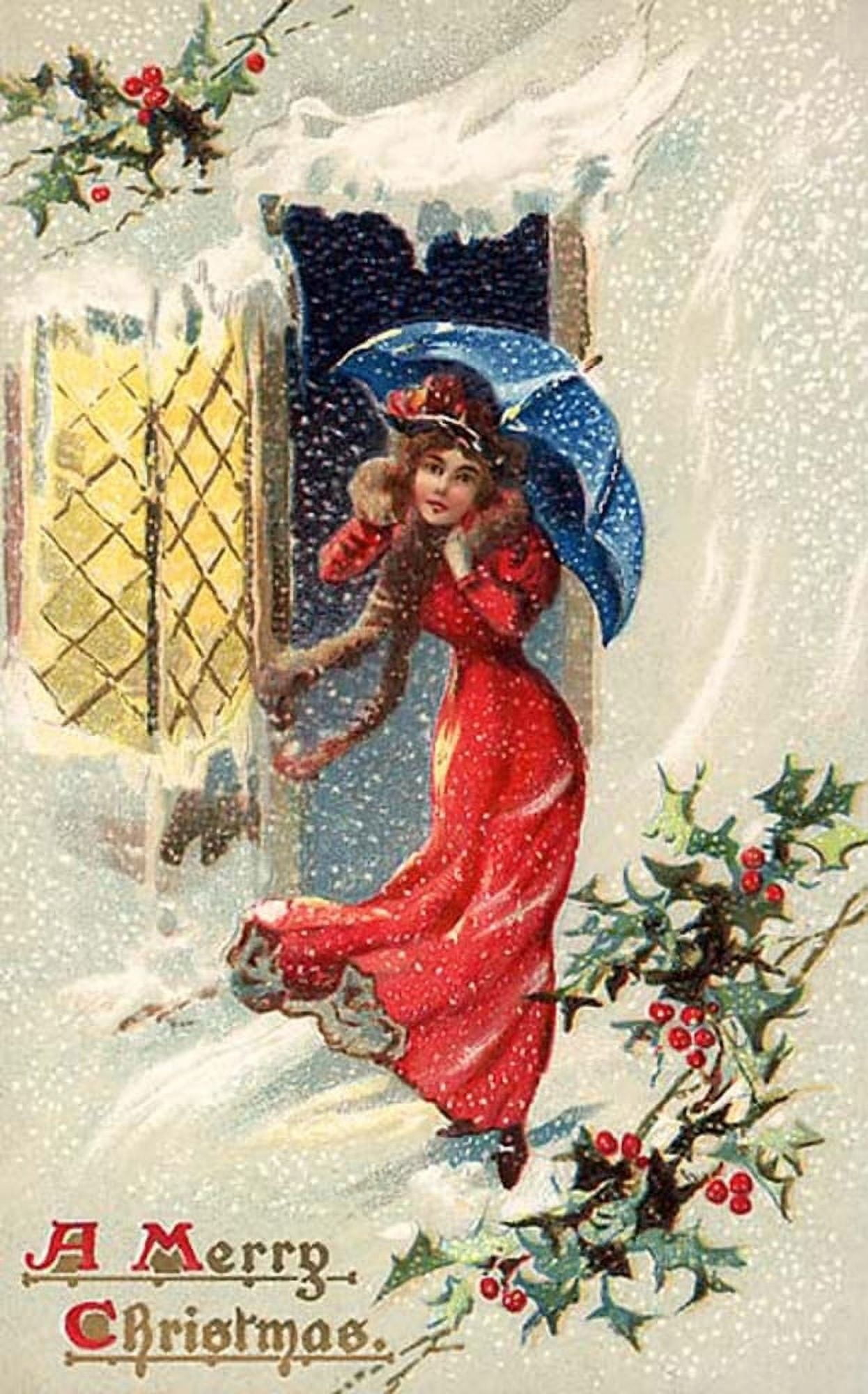 Christmas card Girl in Snow (unknown artist) Canvas Art -  (18 x 24)