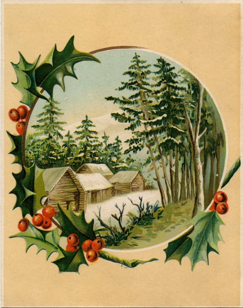 Christmas card Holly Frame (unknown artist) Canvas Art - (24 x 36)
