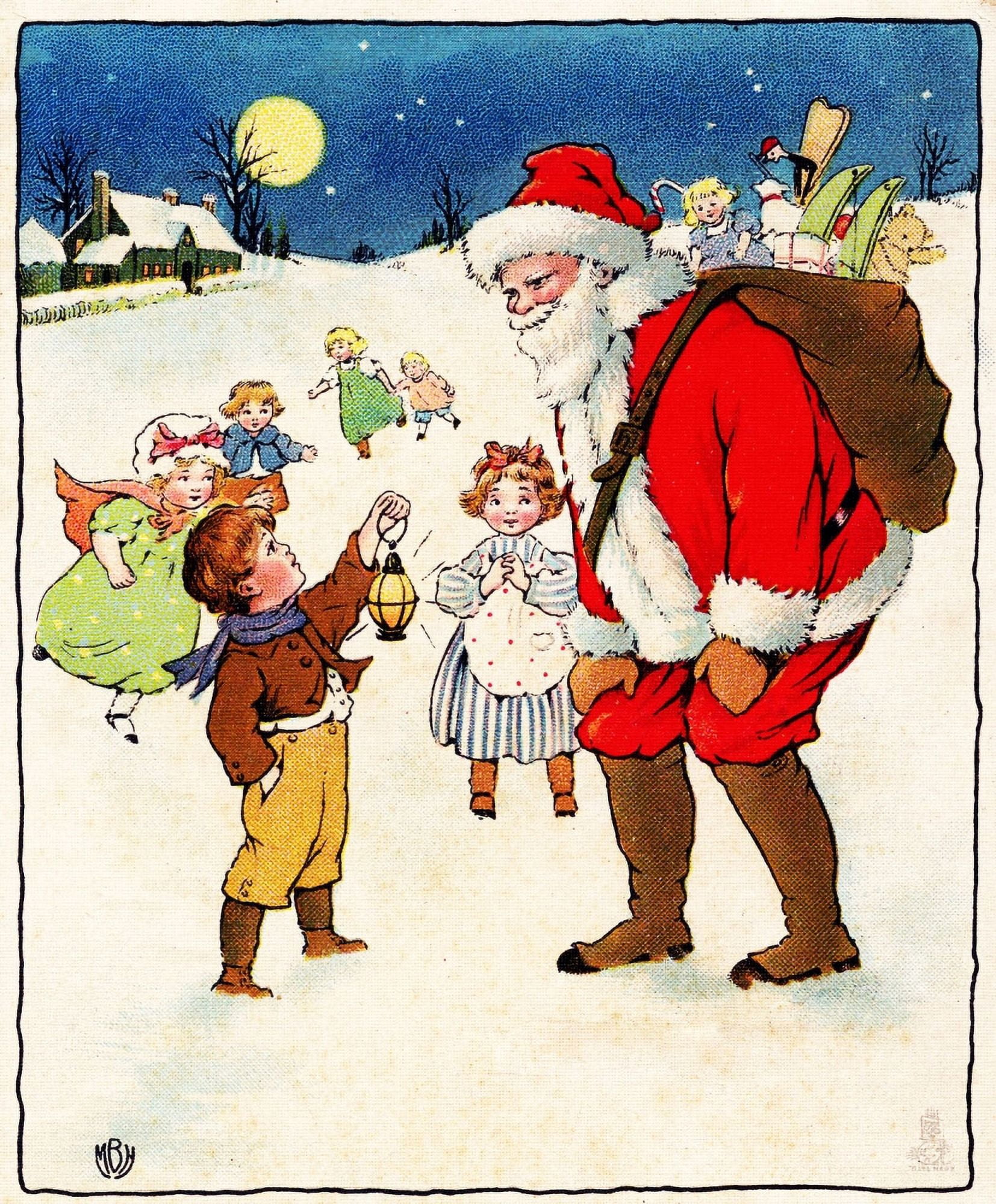 Christmas card Santa & Children (unknown artist) Canvas Art - (24 x 36)