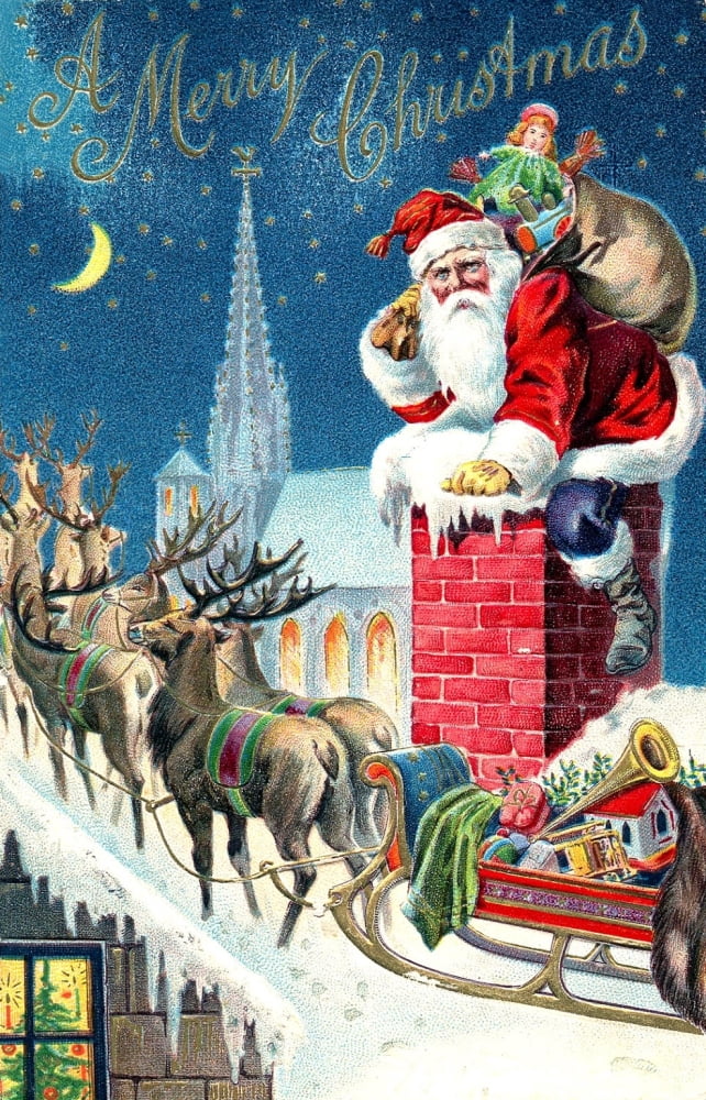 Christmas card Santa & Chimney (unknown artist) Canvas Art -  (24 x 36)