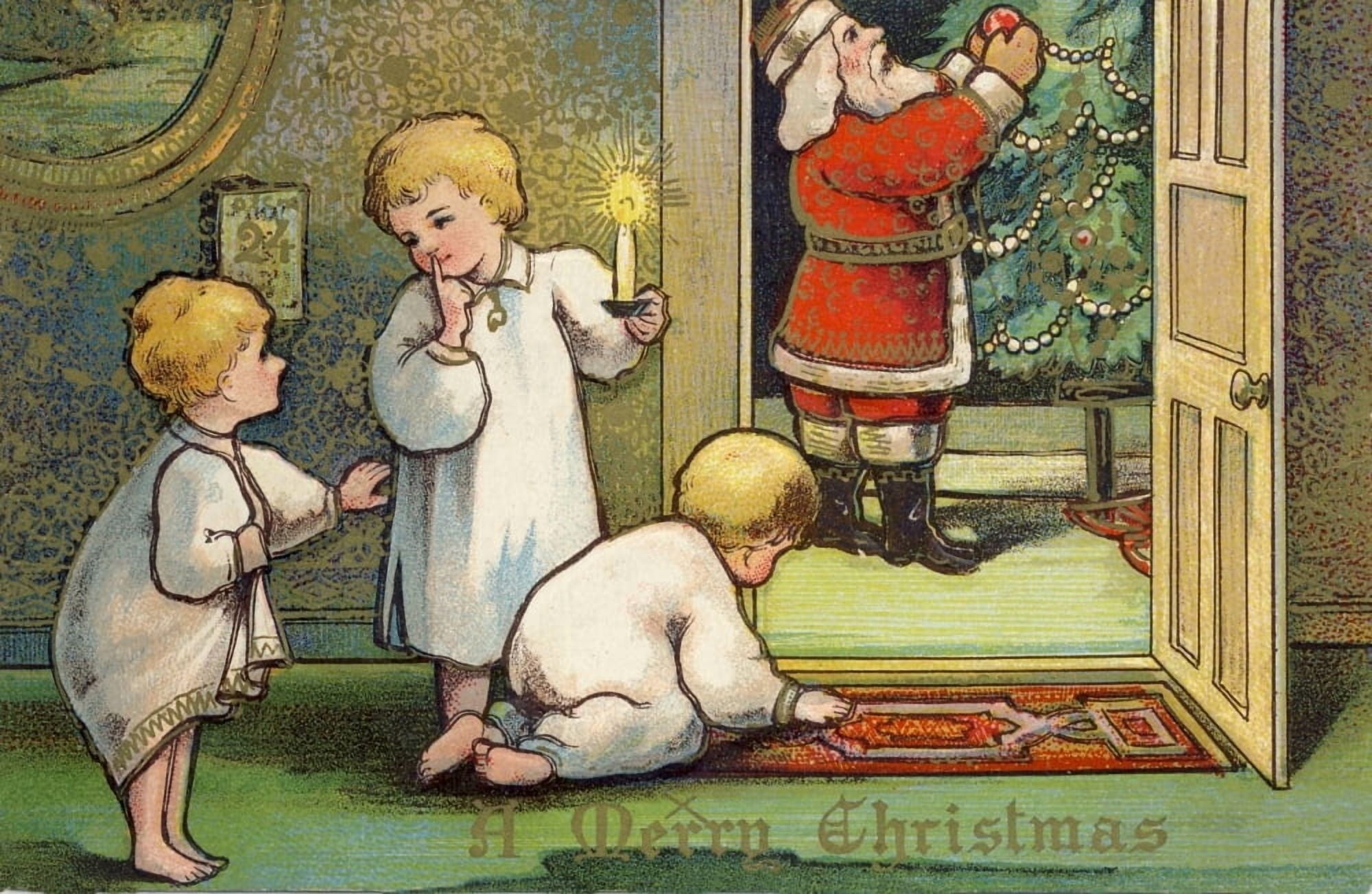 Christmas card Santa decorating tree (artist unknown) Canvas Art -  (24 x 36)