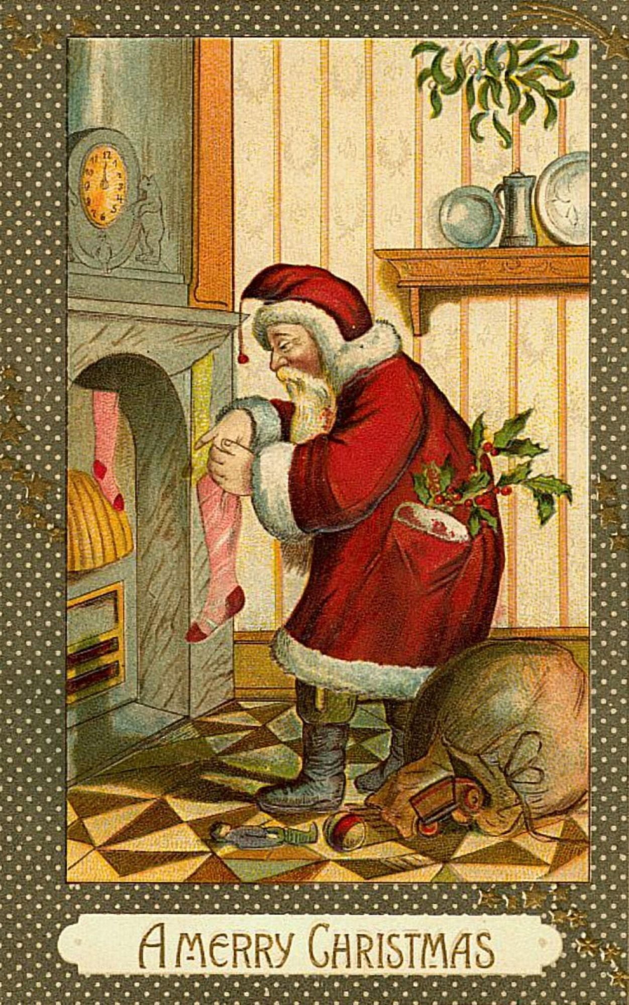 Christmas card Santa filling stocking (unknown artist) Canvas Art - (18 x 24)