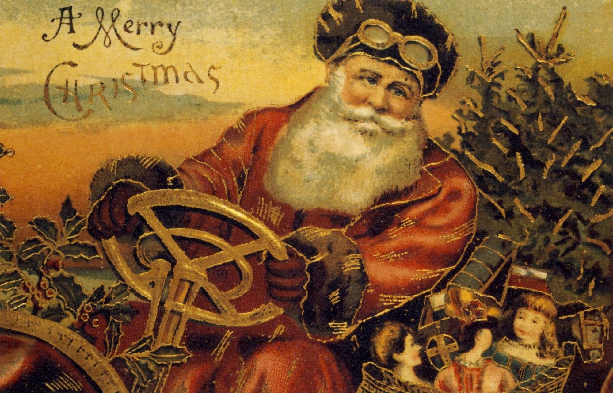 Christmas card Santa in car (unknown artist) Canvas Art - (18 x 24)