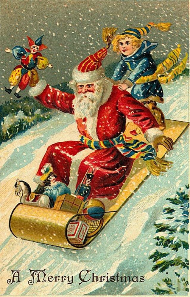 Christmas card Santa on Sleigh (unknown artist) Canvas Art - (24 x 36)