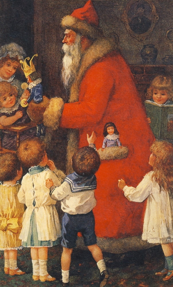 Christmas card -Santa with Children & Toys (unknown artist) Canvas Art - (18 x 24)