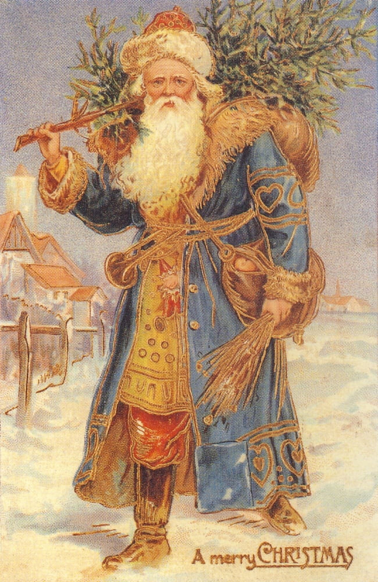 Christmas card Santa with Christmas Tree (unknown artist) Canvas Art - (18 x 24)