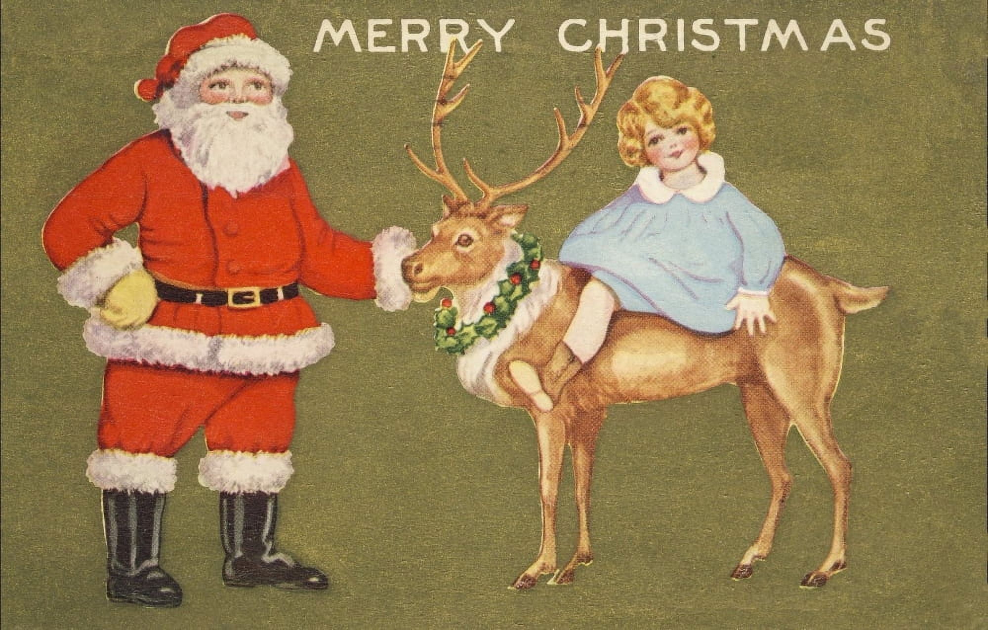 Christmas card Santa with child on reindeer (unknown artist) Canvas Art - (18 x 24)