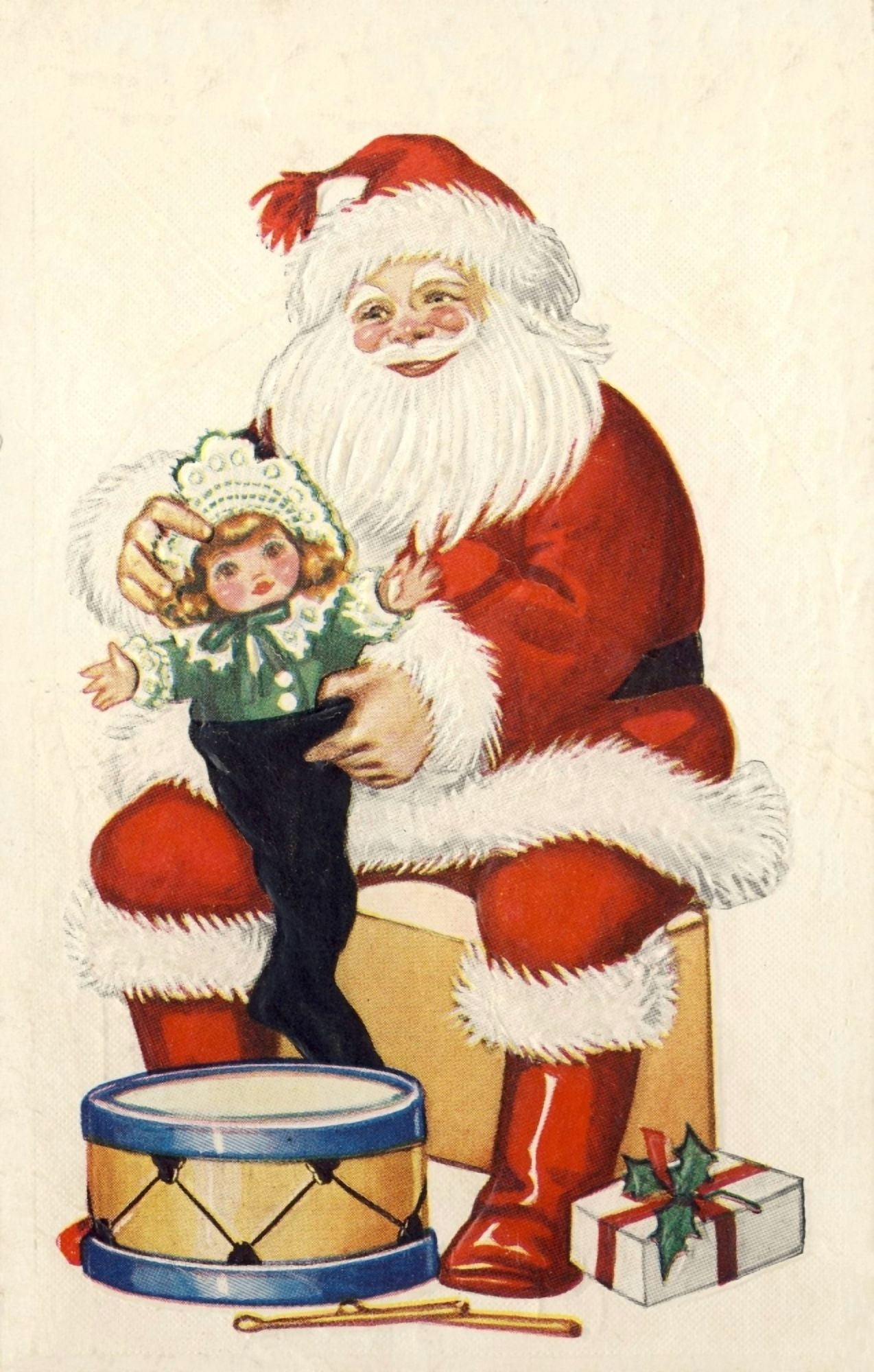 Christmas card Santa with doll & drum c1922 Canvas Art - (18 x 24)