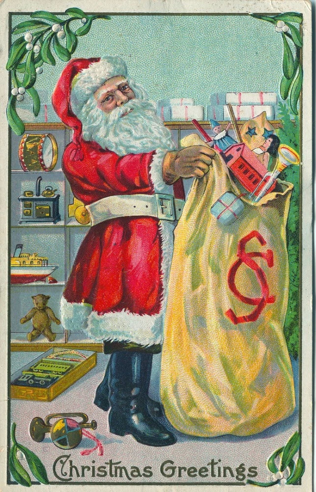 Christmas card Santa with sack 1914 Canvas Art - (18 x 24)