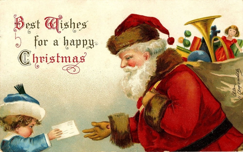 Christmas card Santa with sack Canvas Art - Ellen Clapsaddle (18 x 24)