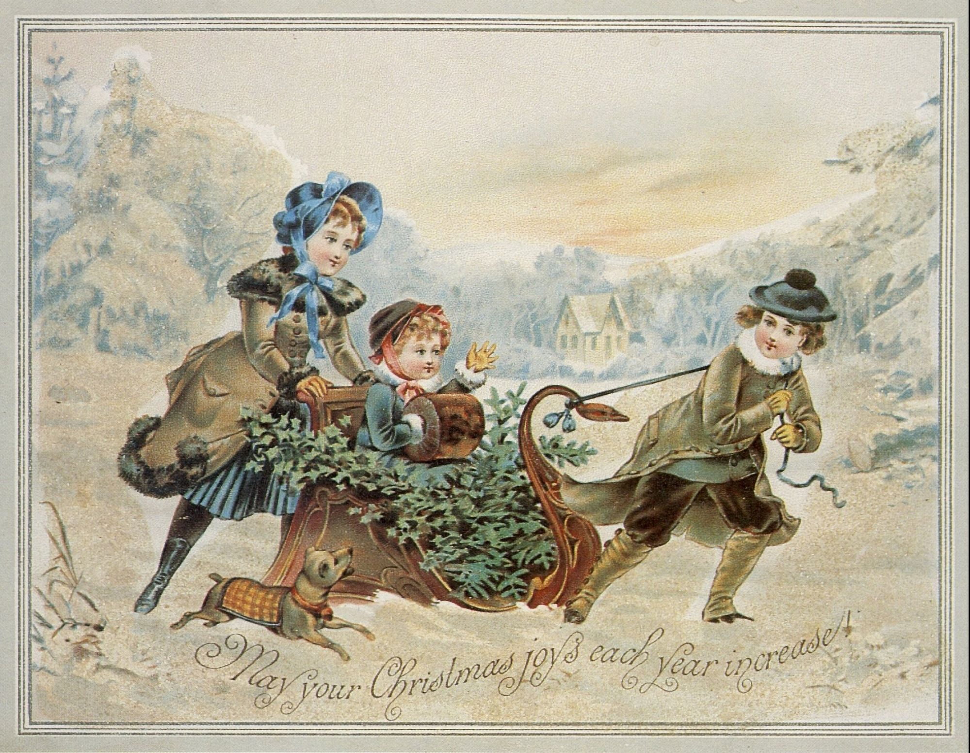 Christmas card Sledge May your Christmas Joys (unknown artist) Canvas Art - (24 x 36)
