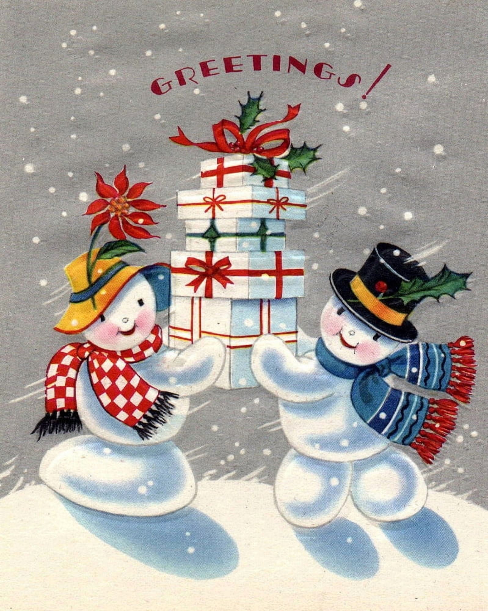 Christmas card Snowmen & presents (unknown artist) Canvas Art - (18 x 24)