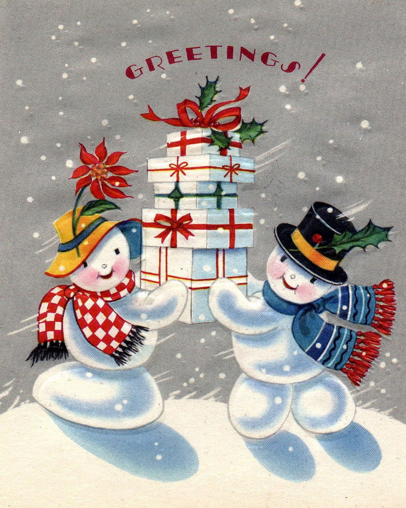 Christmas card Snowmen & presents (unknown artist) Canvas Art -  (24 x 36)