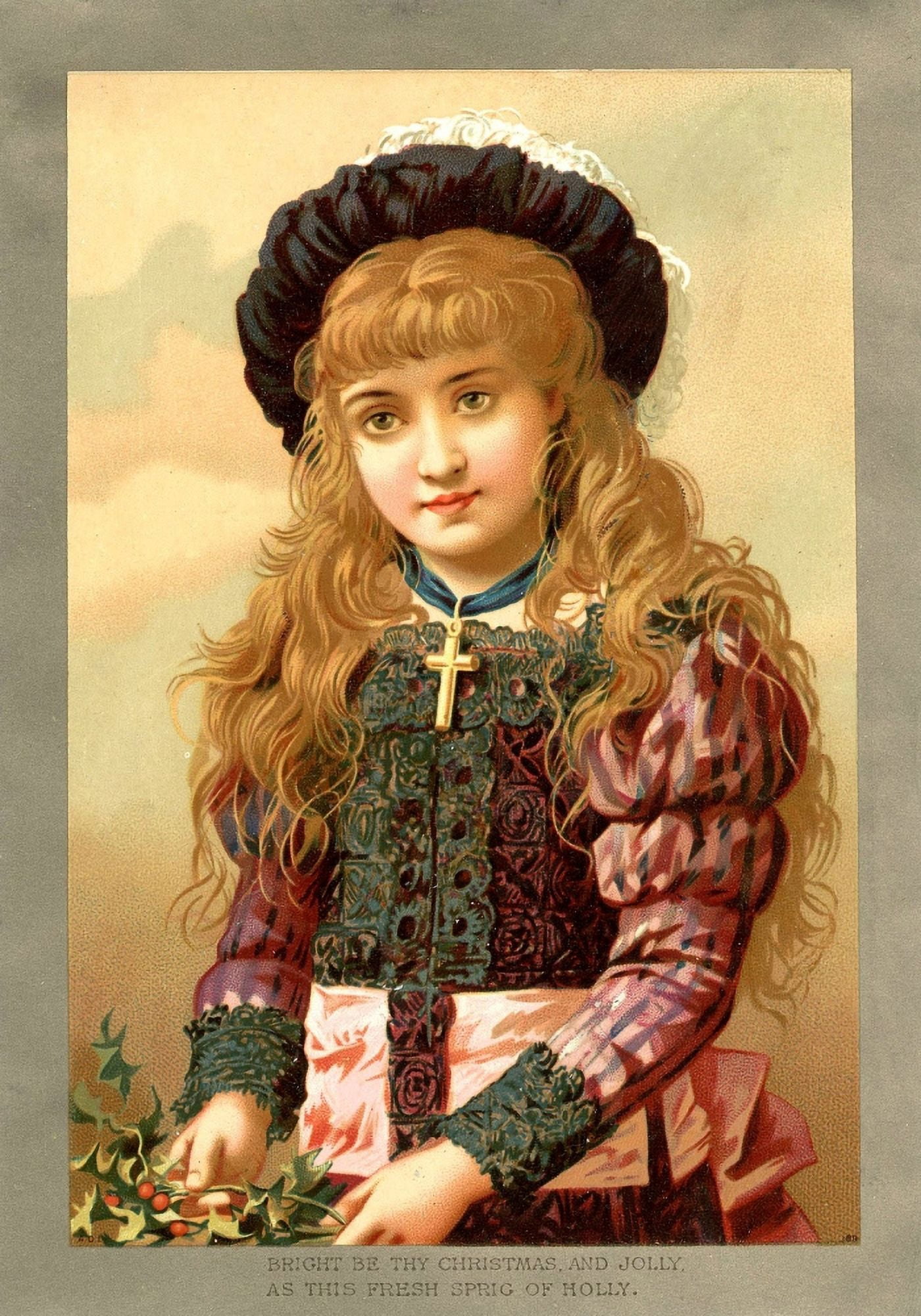Christmas card Sprig of Holly Girl (unknown artist) Canvas Art - (24 x 36)